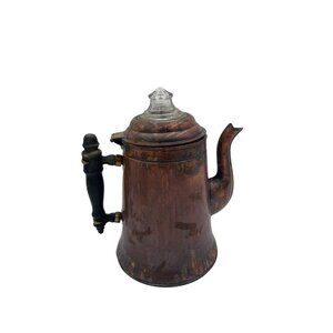 Antique Copper Coffee Pot With Glass Lid & Wooden Handle